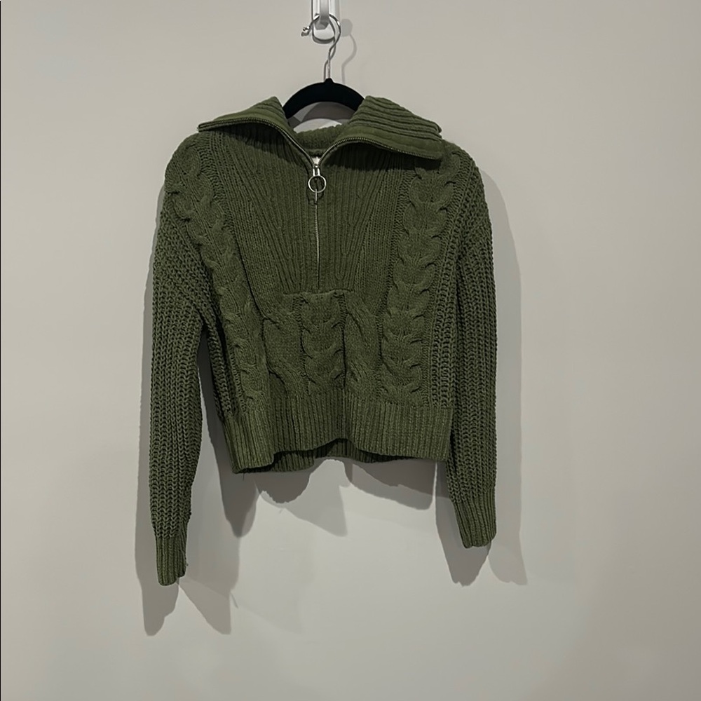 Olive Green Cropped Cable Knit Sweater